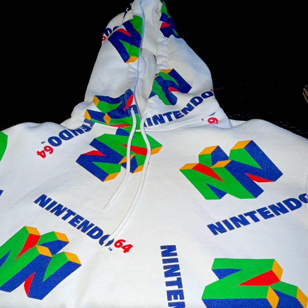 Nintendo 64 White All-Over Graphic Logo Print Pullover Fleece Hoodie Size S